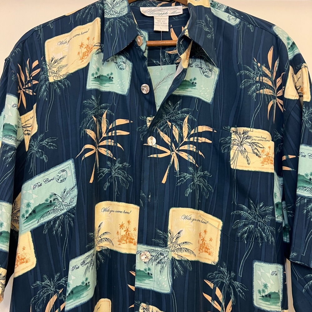 Pineapple Moon Men's Aloha Shirt L 100% Silk Teal Postcard Palm Print NWT - Picture 2 of 8